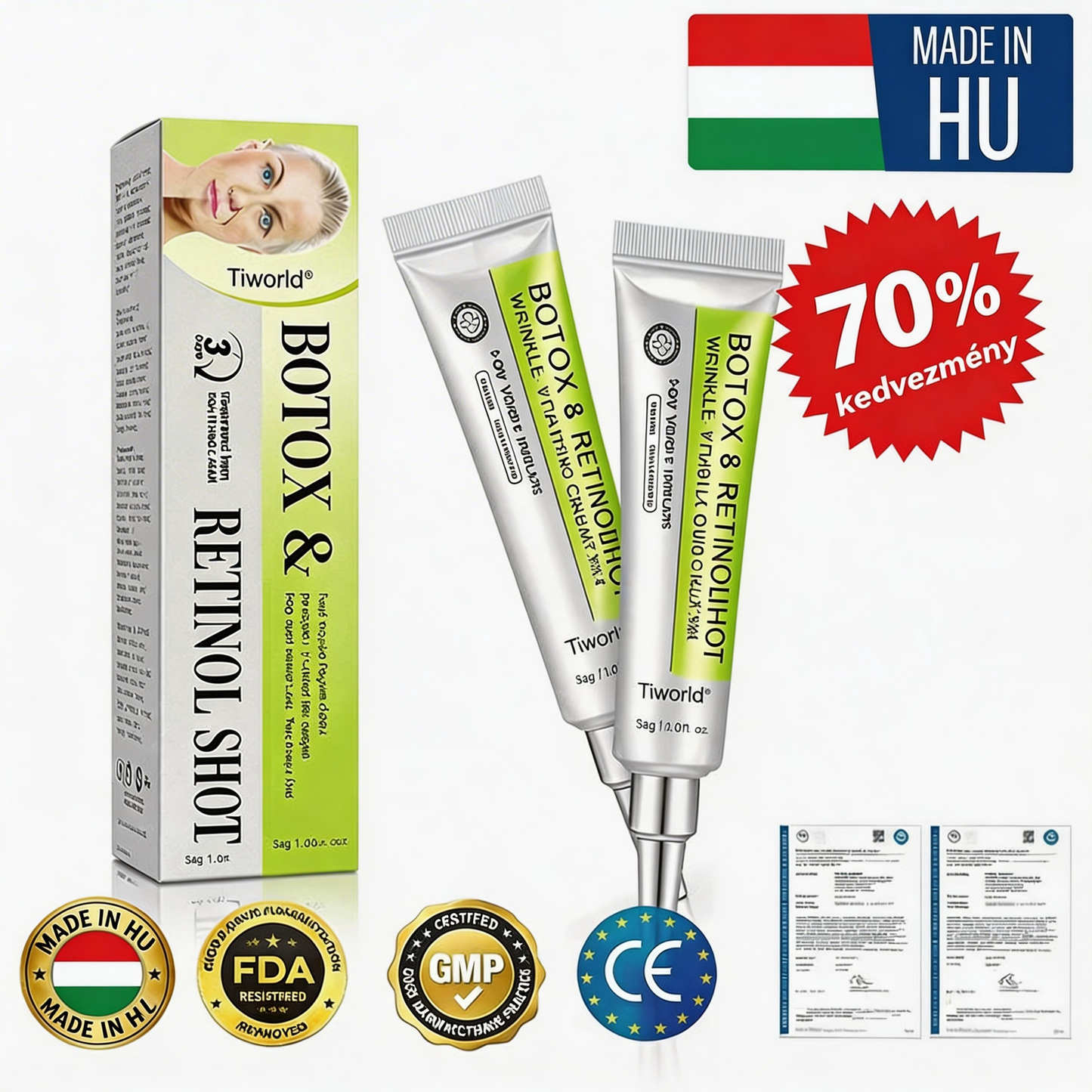 🏆 Büszkén az Európai Unióban gyártva 💫 Tiworld® fejlett peptid Botox-hatású + Vita-A retinol feszesítő megújító krém – ma csak 70% KEDVEZMÉNNYEL